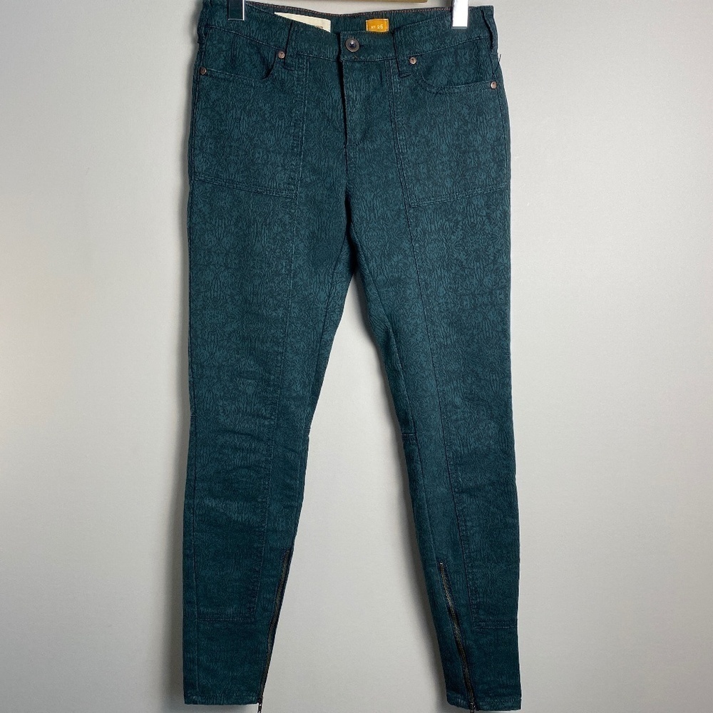 Pilcro and The Letterpress Green Forest Floral Stretch Pant Size 26‎ Zipper Hems